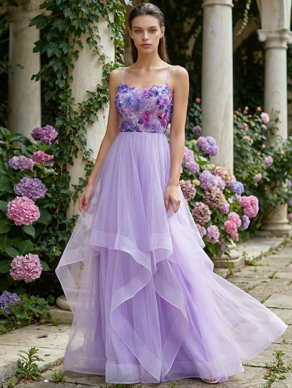 Lavender Floral Appliqué Maxi Dress with Layered Tulle Skirt